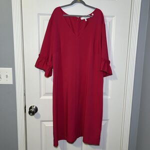 Lark & Ro Dress Womens 16 Pink/Red V Neck 3/4 Bell Sleeve Shift Knee Length NWOT
